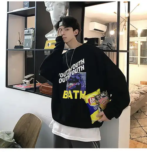 春季ins卫衣男港风韩版原宿风印花情侣宽松圆领打底衫上衣潮bj福卡商城