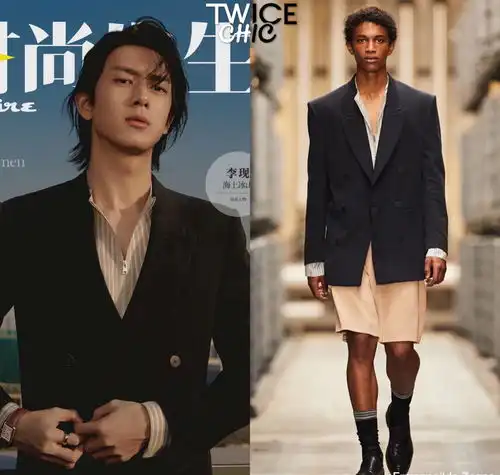 时尚先生李现长发复古大片帅呆了,黑色西装配条纹衫,成熟俊美