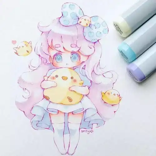 40张超级卡哇伊女生动漫q版马克笔上色造型色彩都好看