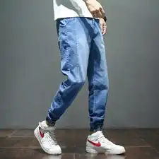 506388102020春夏日系黑底大码束脚宽松九分牛仔哈伦裤潮男