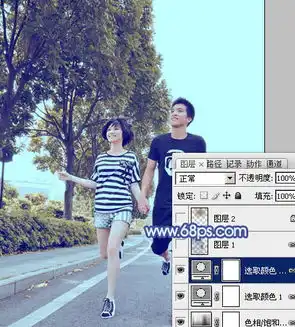 photoshop调出淡青色的情侣晨跑照片
