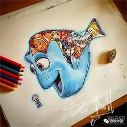 艺术家用彩色铅笔绘制迪士尼角色,其他卡通人物乱入