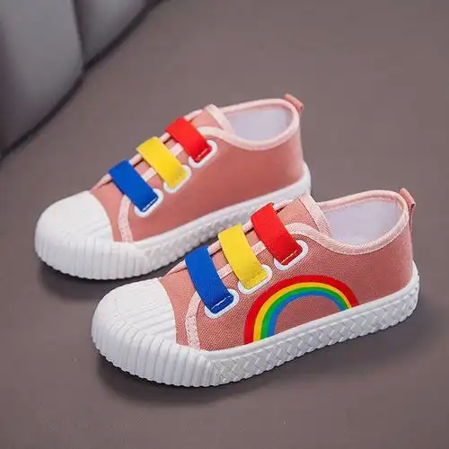 儿童彩虹帆布鞋男童女童2020新款网红防滑透气板鞋中大童小白鞋