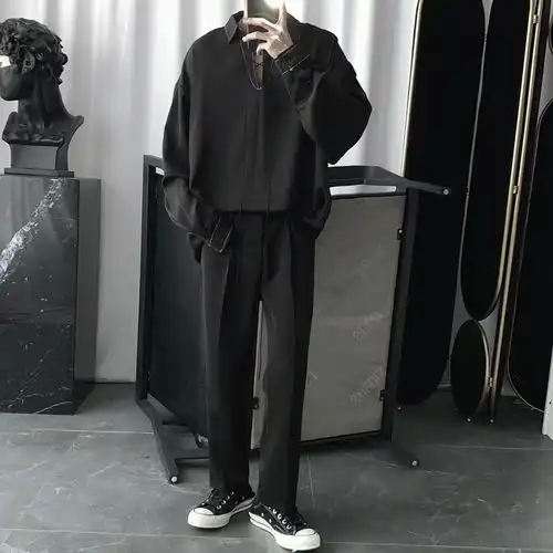 春秋新款暗黑禁欲系气质明线设计感衬衫男韩版抽绳绑带套头衬衣男