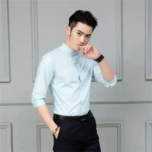 四季免烫立领七分袖衬衫男韩版修身黑色长袖衬衫商务休闲白衬衣