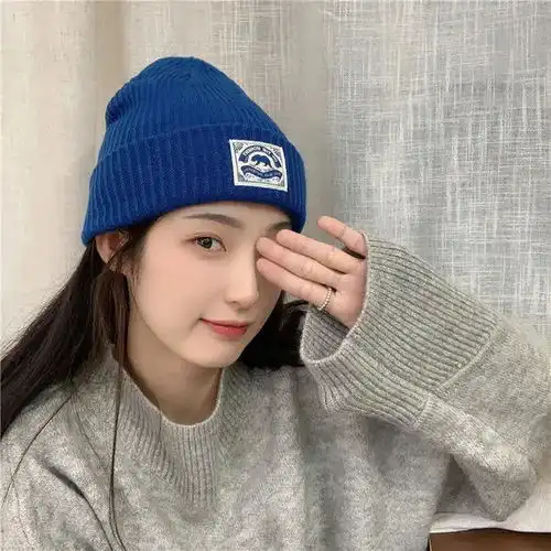 显白宝蓝色针织帽女韩版ins日系显脸小贴布帽子秋冬天保暖毛线帽