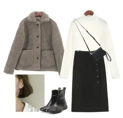 灰色系羊羔毛短上衣的搭配示范,穿出毛茸茸的温暖感