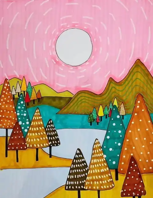马克笔手绘风景儿童插画,家有萌娃可以学起来