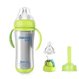 小土豆potato奶瓶宝宝奶瓶婴儿宽口不锈钢保温奶瓶防摔带吸管手柄蜜芽