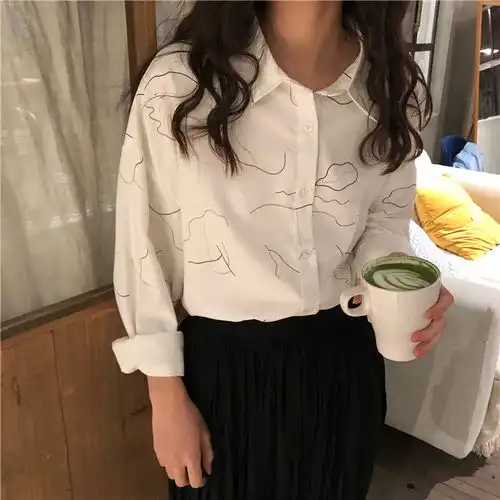 ins超火创意印花衬衫秋装女韩版复古学院风宽松显瘦长袖衬衣学生