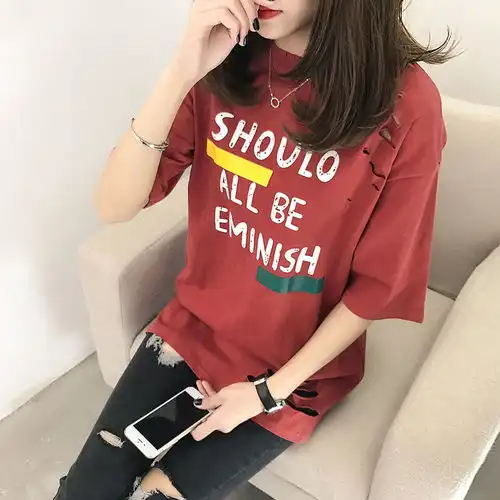 纯棉宽松大码女装韩版时尚个性破洞字母短袖t恤学生上衣打底衫
