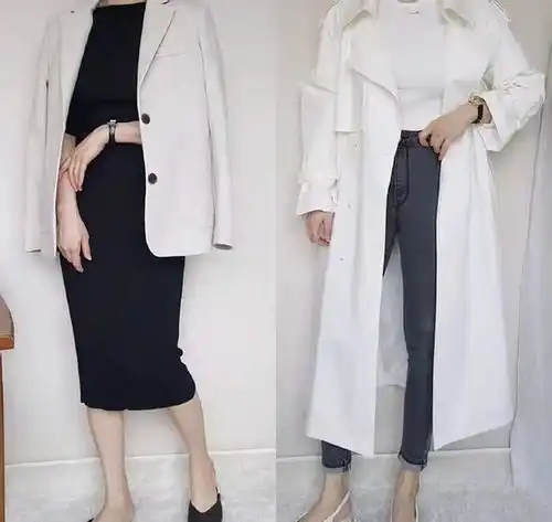 白色的西装搭配黑色的连衣裙,塑造出职场女性的职业形