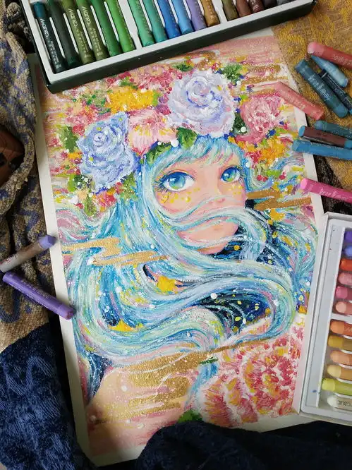 天奇油画棒少女插画