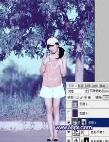 photoshop给外景美女图片加上流行的韩系粉蓝色