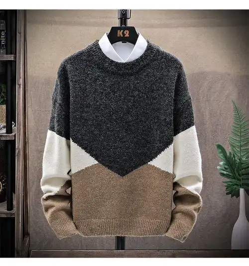 汤河之家2021半高领毛衣男秋冬新款加绒加厚保暖情侣宽松撞色提花圆领毛衣男士