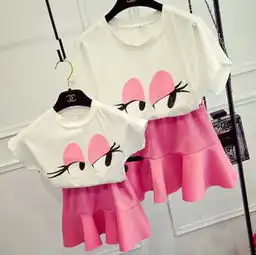 韩版时尚款亲子装卡通亮片眼睛t恤荷叶边半身裙套装母女装