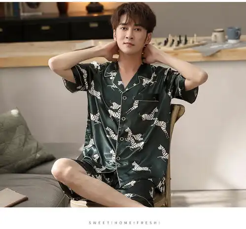 汤河之家男士冰丝睡衣夏衬衫式短袖短裤薄款韩系印花宽松丝绸家居服套装男