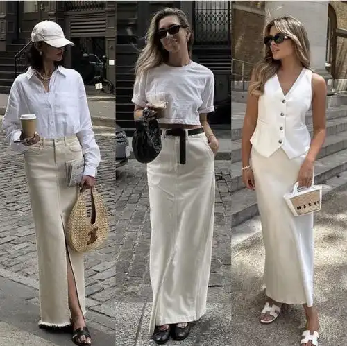 时尚穿搭筒型半裙绝对适合白色系,流畅的直线款剪裁,搭有型衬衫,休闲t恤或是修身西装马甲