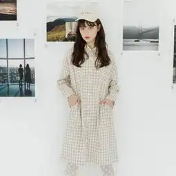 少女星球简约日系格子宽松中长款裙子女款长袖衬...