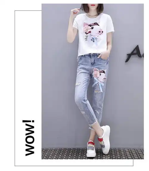 施悦名春装新款钉珠亮片卡通猪短袖t恤破洞九分牛仔裤套装女