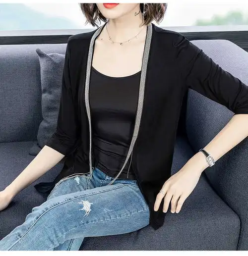 施悦名短外套女拼接流苏百搭休闲开衫2019夏秋季新款女装气质黑色显瘦披肩a