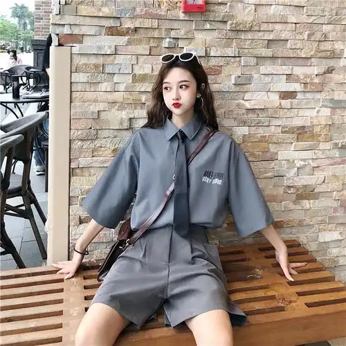 短袖衬衫女港味复古学院风领带ins短袖韩版女学生宽松百搭衬衣潮